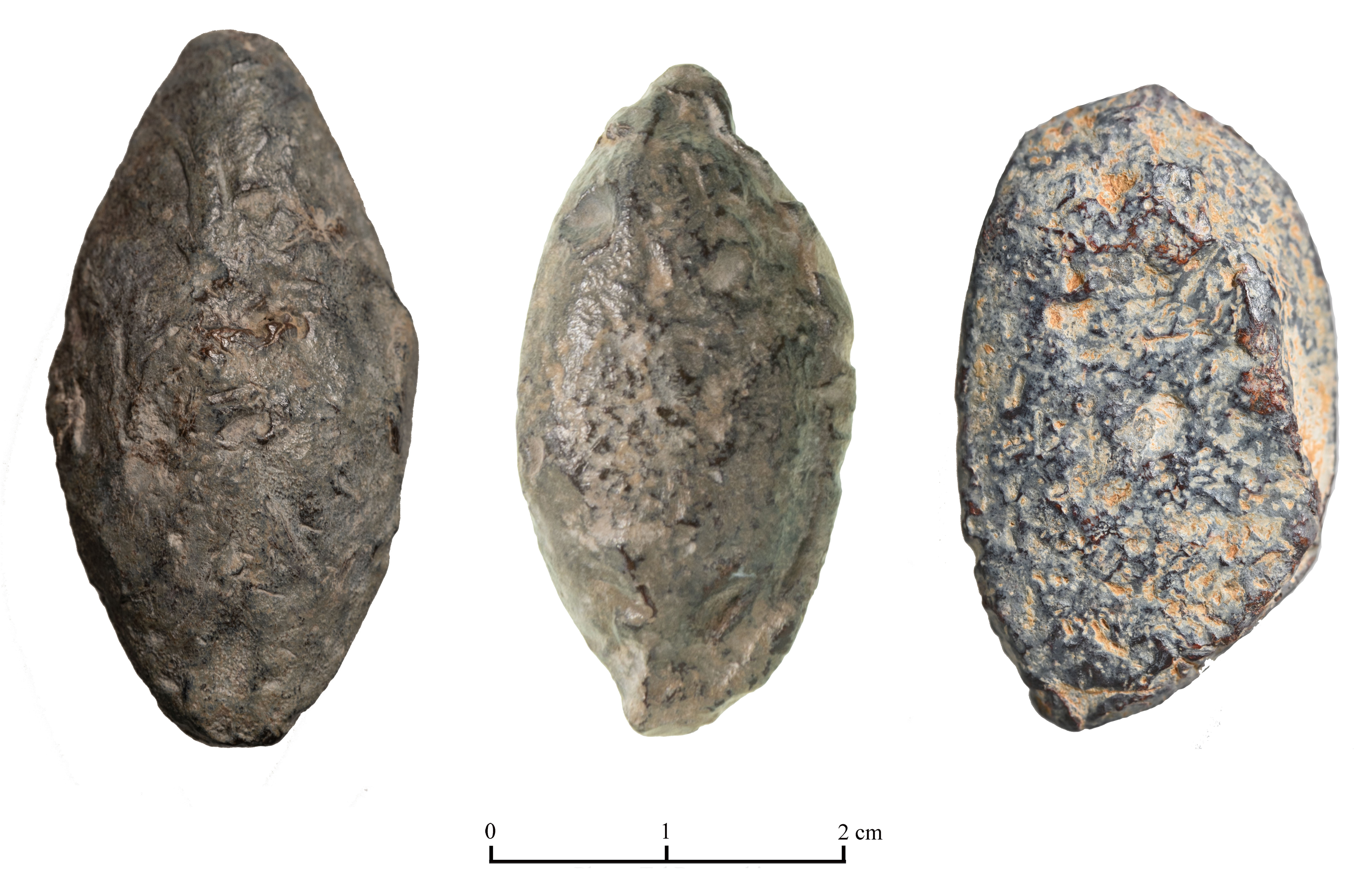 The lead sling bullets found at the site - photo by Shahar Cohen