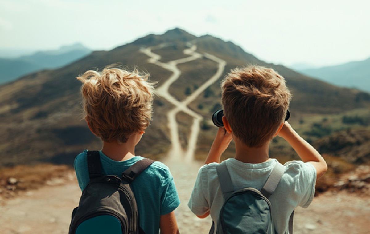 Two children planning a mountain hike 